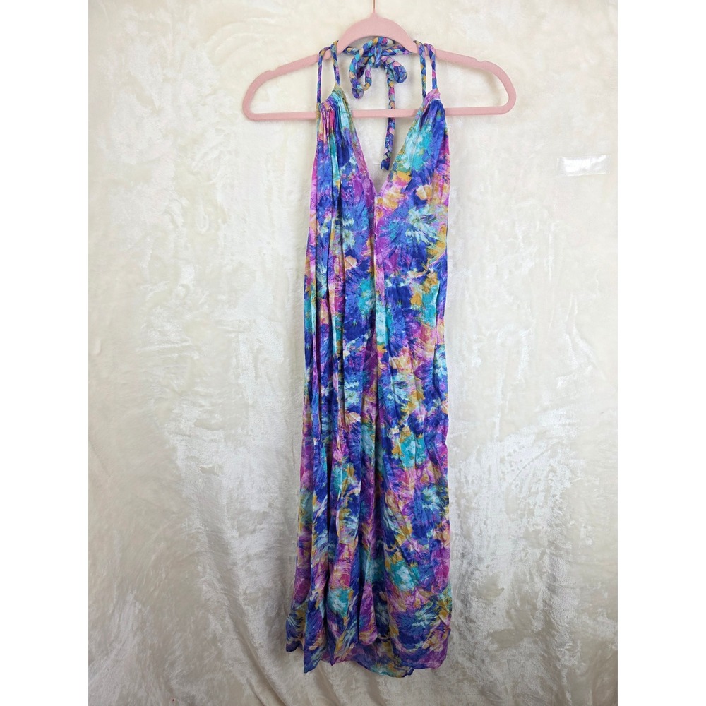 Swimsuits For All Cotton Gauze Halter Maxi Dress Tie Dye Purple Blue 6/8 NEW